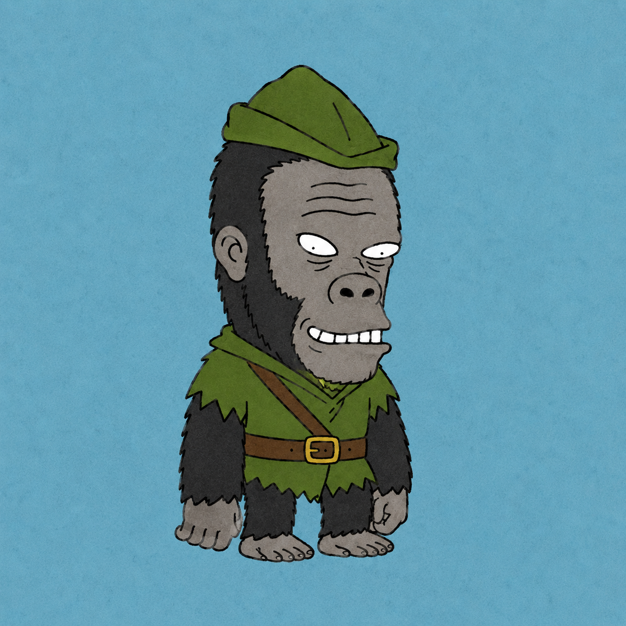 Robin Hood Ape wearing an olive green hat and tunic against a textured blue background